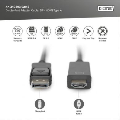 Digitus  Digitus Adapter Cable, DP - HDMI type A | DisplayPort to HDMI | 2 m AK-340303-020-S