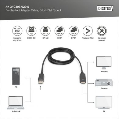 Digitus  Digitus Adapter Cable, DP - HDMI type A | DisplayPort to HDMI | 2 m AK-340303-020-S