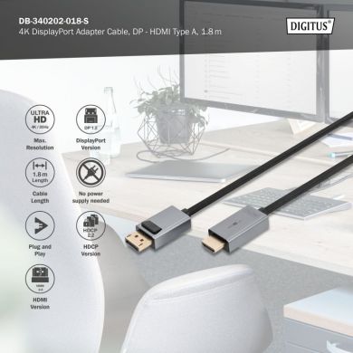 Digitus  Digitus 4K DisplayPort Adapter Cable, DP - HDMI Type A | DB-340202-018-S | 1.8 m DB-340202-018-S