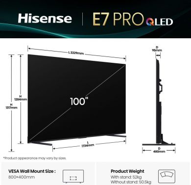 Hisense TV Set HISENSE 100 " 4K Ultra HD 3840 x 2160 pixels Flat 16:9 QLED 100E7QPRO 100E7Q PRO | Elektrika.lv