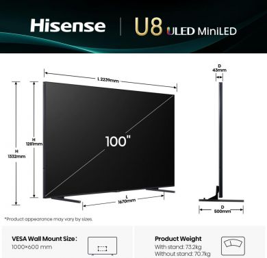 Hisense TV Set HISENSE 100 " 4K Ultra HD 3840 x 2160 pixels Flat 16:9 ULED 100U8Q 100U8Q | Elektrika.lv