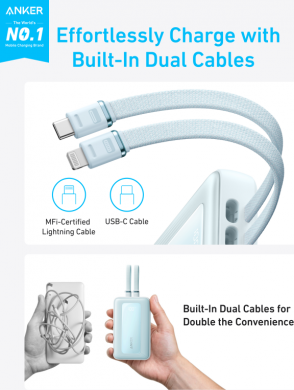 Anker Anker Power Bank with Built-In USB-C and + Lighting Cable | A1680031 | 10000 mAh | 30W | Blue A1680031