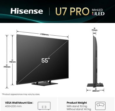 Hisense TV Set HISENSE 55 " 4K Ultra HD 3840 x 2160 pixels Flat 16:9 ULED 55U7QPRO 55U7Q PRO | Elektrika.lv