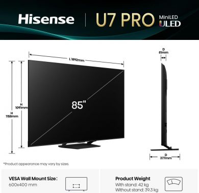 Hisense TV Set HISENSE 85 " 4K Ultra HD 3840 x 2160 pixels Flat 16:9 ULED 85U7QPRO 85U7Q PRO | Elektrika.lv