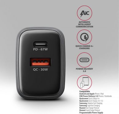 AXAGON MOBILE CHARGER WALL USB 67W/GAN 2PORT ACU-PQ67 AXAGON ACU-PQ67 | Elektrika.lv